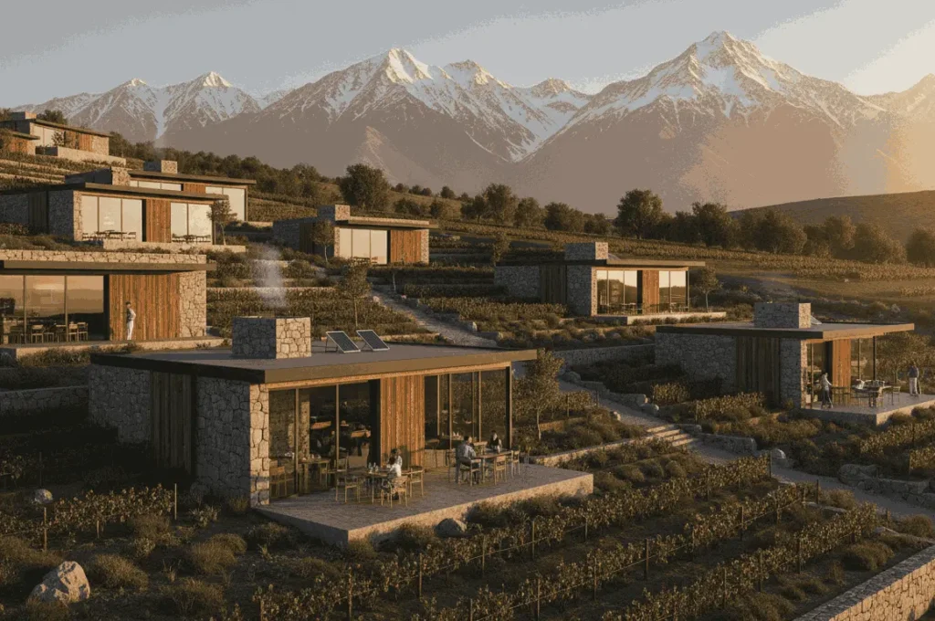 Render del proyecto de inversión Villa Agroturística Uspallata en alta montaña Mendoza